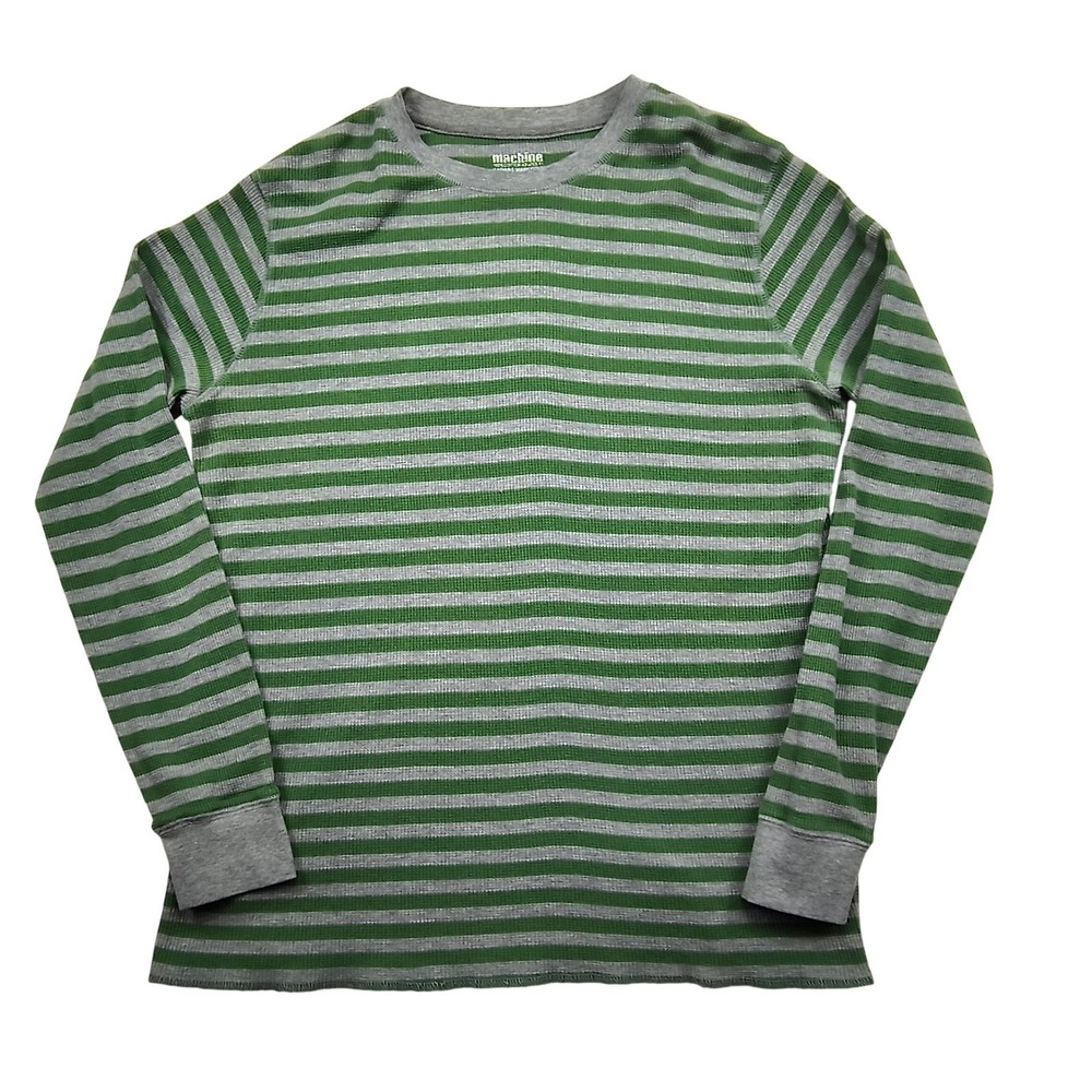Machine Mens Thermal Shirt XL Slim Green Grey Striped Waffle Knit Long Sleeve